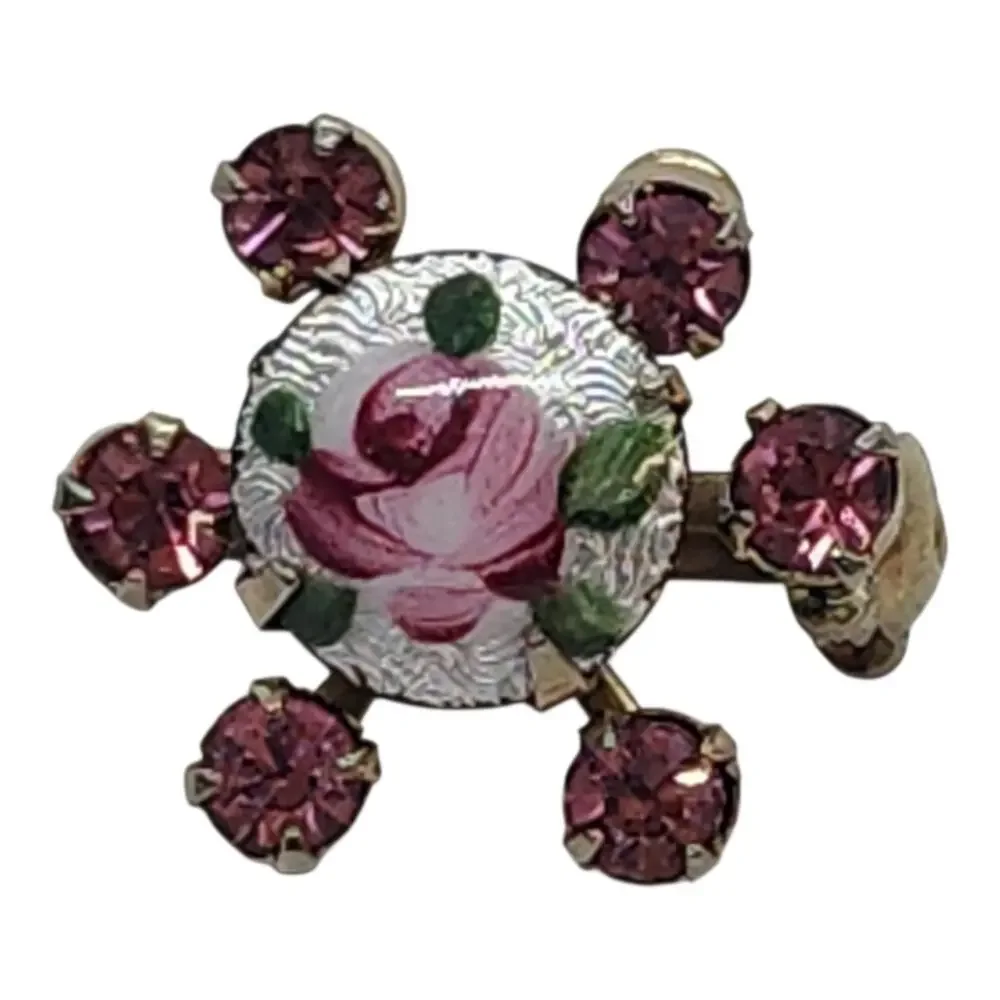 Vintage 1950s Brooch Hand Painted Pink Rose Guilloche Enamel & Pink Rhinestone